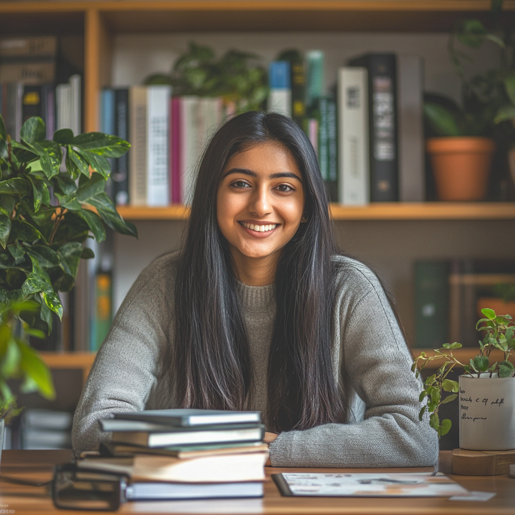 Student studying with books